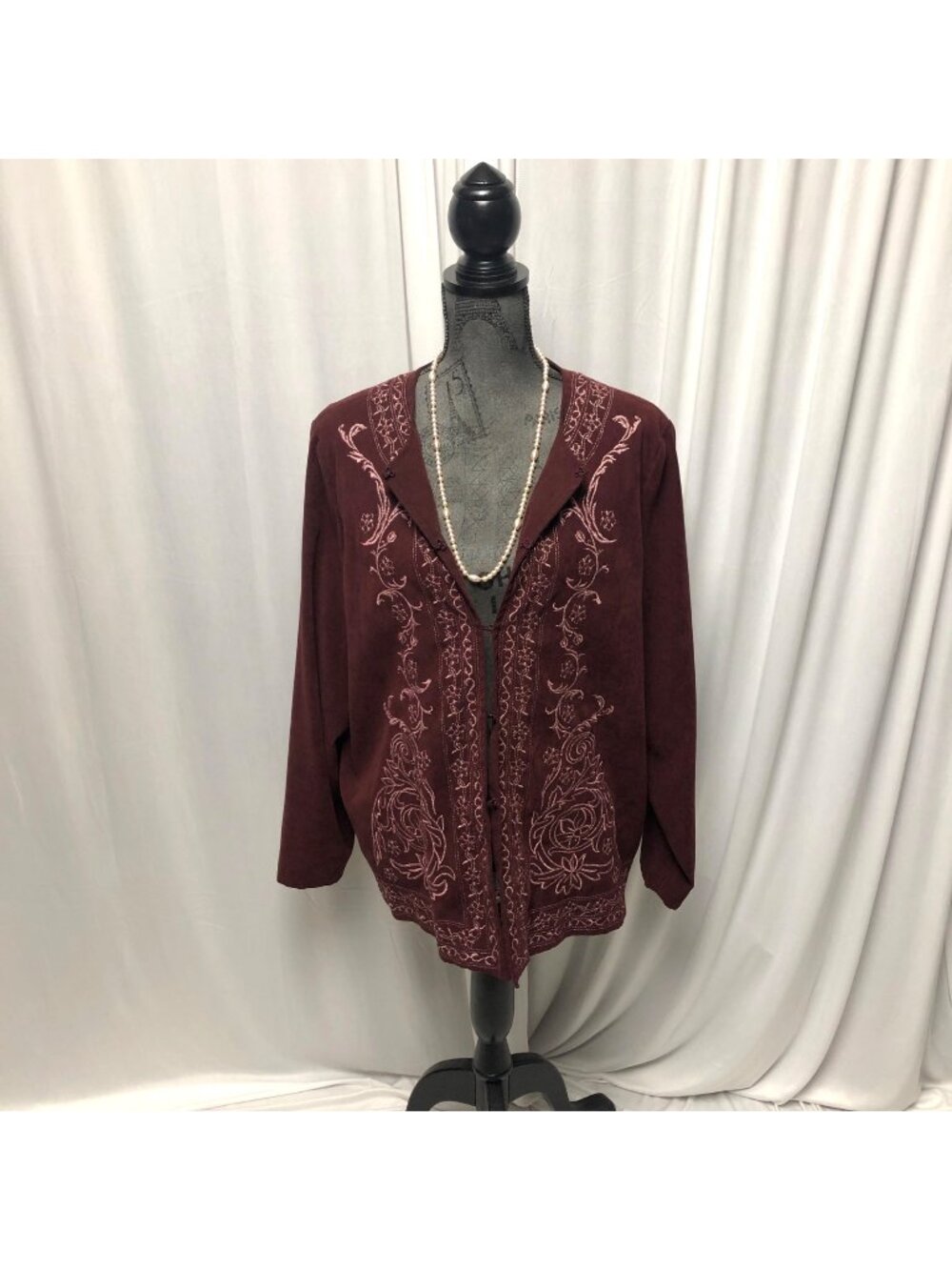Susan Graver Jacket Womens Size 1X Burgundy Pink Embroidery Faux Suede Blazer